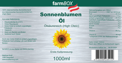 High Oleic Sonnenblumenl 1000ml - hoch erhitzbar - schonend kaltgepresst -  hoher Anteil an einfach ungesttigten Fettsuren von Knollfarming online  bestellen