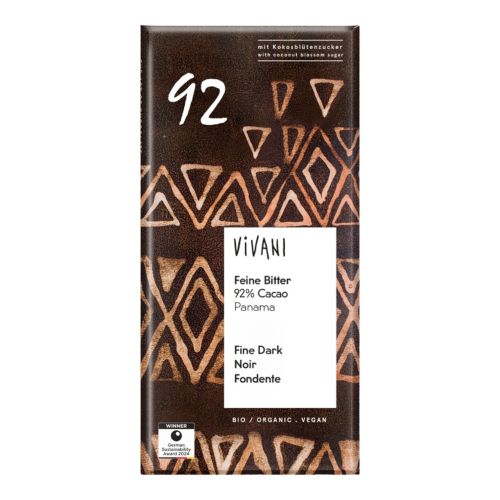 Bio Feine Bitter Schokolade 92 Prozent Cacao Panama mit Kokosblütenzucker 80g von Vivani