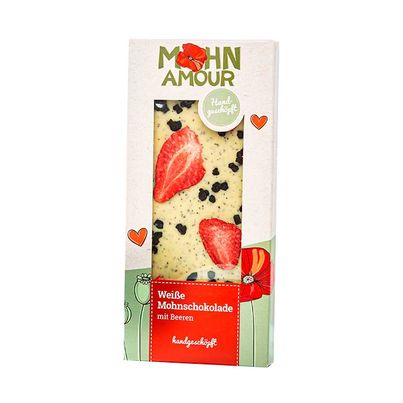 Bio Weiße Mohnschokolade mit Beeren 100g - Handgemachte Weiße Mohnschokolade mit Beeren von Mohn Amour