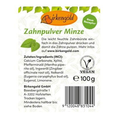 Bio Zahnpulver Minze Nachfüllpack 100g von Birkengold