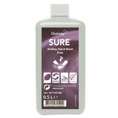 Sure Antibac Handwash Free 500ml - Händewaschung und -desinfektion in einem Schritt - Sehr mild zur Haut und ohne Parfüm von Diversey