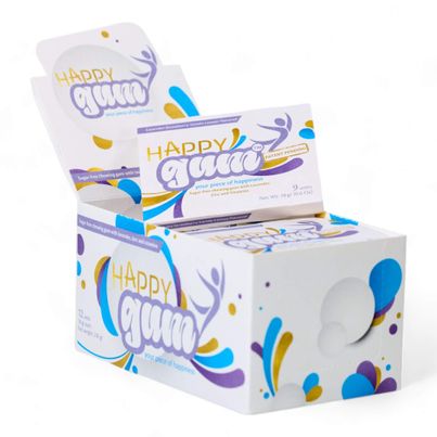 HappyGum Kaugummi Display 12 x 9 Stück - Zuckerfreier Kaugummi mit Lavendelöl Zink und Vitaminen