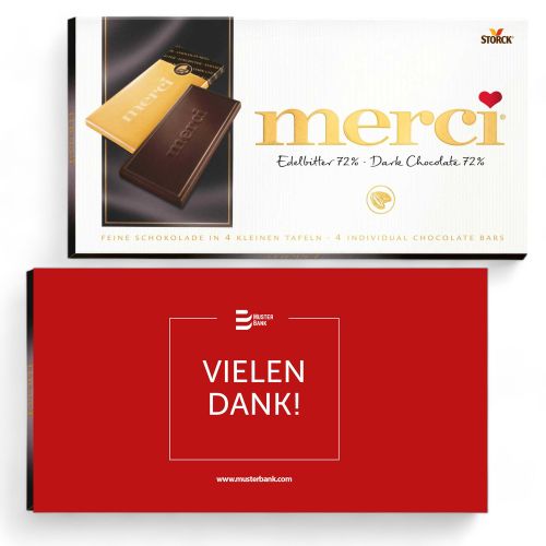 Personalised Merci Edelbitter 72 percent 100g with cardboard slipcase