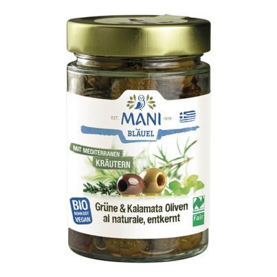 Bio Grüne & Kalamata Oliven entk. 175g - 6er Vorteilspack von Mani Bläuel