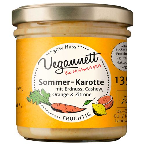 Bio Sommerkarotte mit Orangen- und Zitronenmus inklusive 30 Prozent Cashew- und Erdnussmus 135g - Vegan - Glutenfrei und Laktosefreier Aufstrich von Vegannett