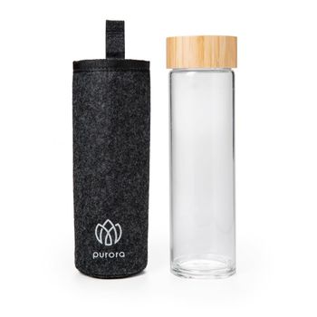 purora Elixier Hydrater Thermo-Bambusglasflasche mit Schutzhülle aus Loden