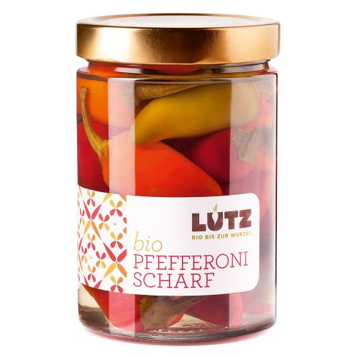 Bio Pfefferoni scharf 580ml - leicht säuerlicher Geschmack - ohne jegliche Zusatzstoffe - passend zu jeder Jause von Bio Lutz