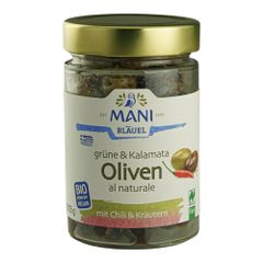 MANI Bio Grüne & Kalamata Oliven al naturale, Chili & Kräutern 205g von MANI Bläuel