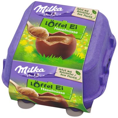 Milka Löffel-Ei 4er Haselnusscreme 136g - Milka Ostereier zum löffeln gefüllt mit Haselnusscreme - mit Holzlöffel
