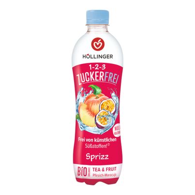Bio 1-2-3 Zuckerfrei Pfirsich Maracuja Sprizz 500ml - Erfrischungsgetränk mit Null Kalorien und Null Zucker von Höllinger Juice