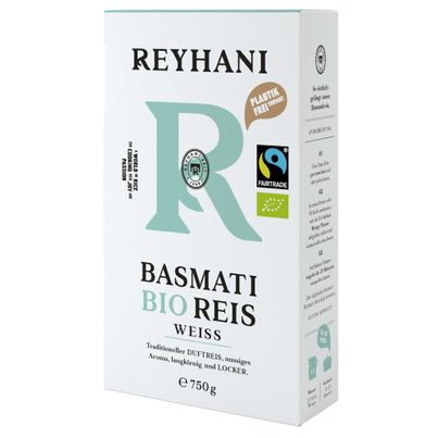 Bio Fairtrade Basmati Reis weiß 750g - Passt gut zu saftigen Gerichten - Traditioneller Duftreis - nussiges Aroma - langkörnig und locker von Reyhani