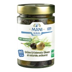 MANI Bio Grüne & Kalamata Oliven al naturale mit Rosmarin, entkernt 175g von MANI Bläuel