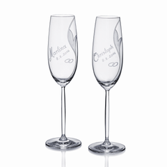 Handgravierte Hochzeitsgläser Sekt 2er Set mit Hochzeitsmotiv und Namensgravur