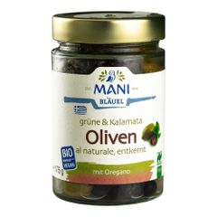 MANI Bio Grüne & Kalamata Oliven al naturale mit Oregano, entkernt 175g von MANI Bläuel