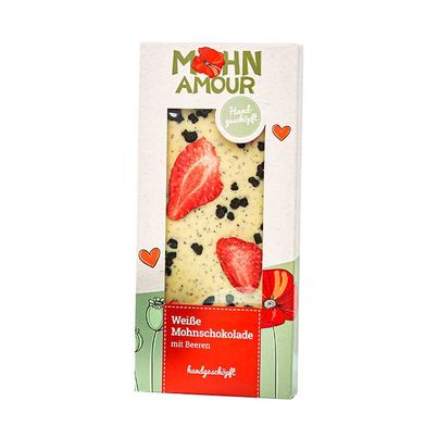 Weiße Mohnschokolade mit Beeren 100g - Handgemachte Weiße Mohnschokolade mit Beeren von Mohn Amour