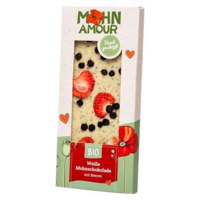 Bio Weiße Mohnschokolade mit Beeren 100g - Handgemachte Weiße Mohnschokolade mit Beeren von Mohn Amour