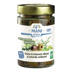 MANI Bio Grüne & Kalamata Oliven al naturale Mediter. Kräutern, entkernt 175g von MANI Bläuel