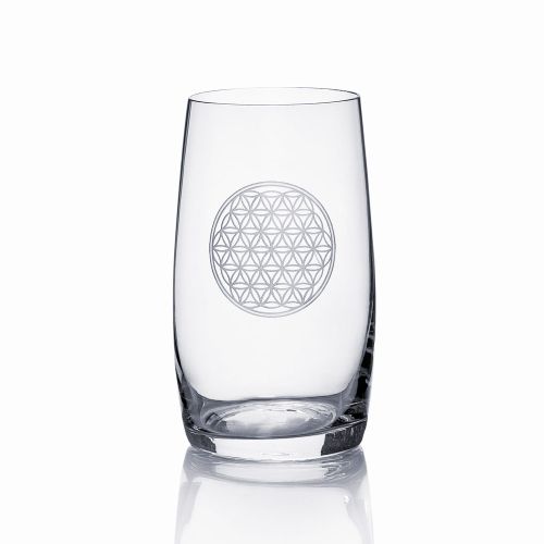 Handgraviertes Glas mit Motiv Lebensblume und Namensgravur auf Wunsch