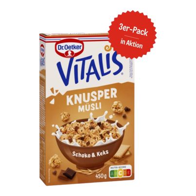 Dr. Oetker Vitalis Knuspermüsli Schoko und Keks 450g -3er Vorteilspack