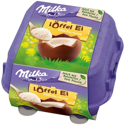 Milka spoon egg 4er milk cream 136g - Milka Easter eggs to spoon filled with milk cream - with wooden spoon