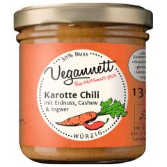 Bio Karotte Chili mit Ingwer und 30 Prozent Cashew- und Erdnussmus 135g - Vegan - Glutenfrei und Laktosefreier Aufstrich von Vegannett