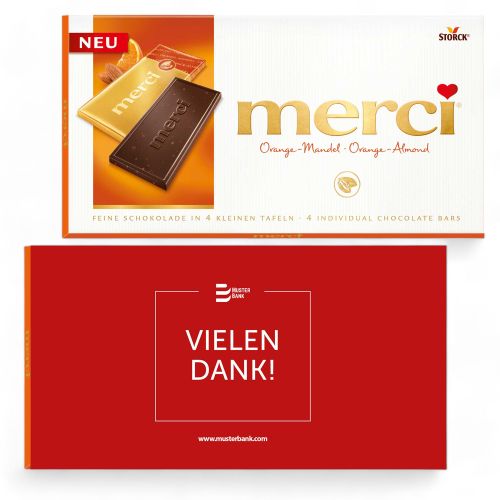 Personalisierte Merci Orange Mandel 100g mit Kartonschuber