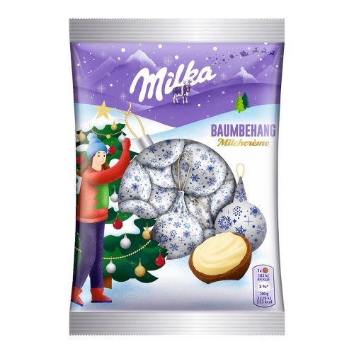 Milka Schokoladen Christbaumkugeln gefüllt mit Milchcreme inklusive Aufhängefaden 90g silber von Milka