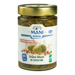 MANI Bio Grüne Oliven al naturale mit rosa Pfeffer 205g von MANI Bläuel
