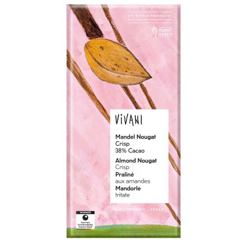 Bio Mandel Nougat Crisp Schokolade mit Kokosblütenzucker 38 Prozent Cacao 80g von Vivani