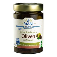MANI Bio Grüne & Kalamata Oliven in Olivenöl 280g von MANI Bläuel