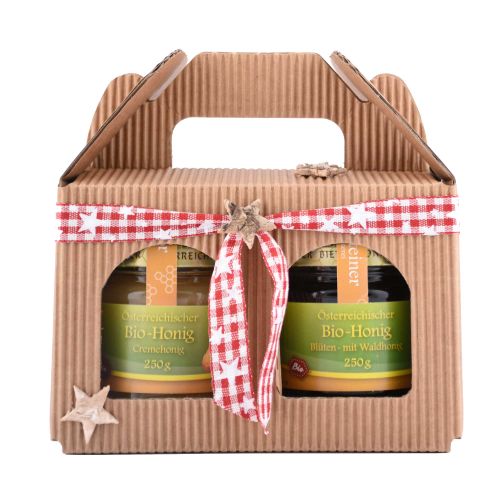 Weihnachtliches Geschenktragerl mit 2 verschiedenen Bio Honigen 2 x 250g - Geschenkidee für Honigliebhaber von Fuchssteiner Bio Imkerei