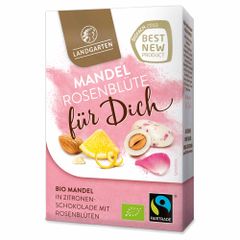 Bio Mandeln in weißer Zitronen Schokolade mit Rosenblüten 90g