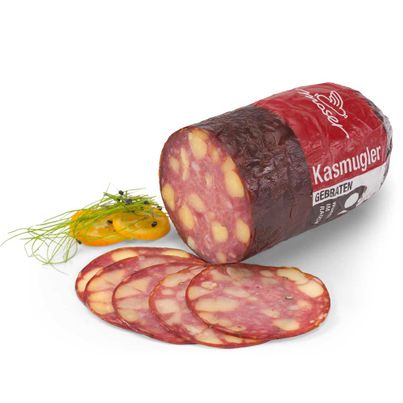 Kasmugler 750g - Kräftige Dauerwurst im Heißrauch gebraten mit würzigem Bergkäsegeschmack - Glutenfrei und Laktosefrei von Moser Wurst