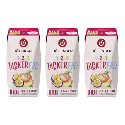 Bio 1-2-3 Zuckerfrei Pfirsich Maracuja Schulsaft 3x200ml - Kindergetränk ohne Zucker und ohne künstliche Süßstoffe von Höllinger Juice