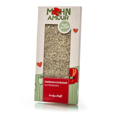 Bio Edelbitterschokolade mit Weißmohn 100g - Handgeschöpft und mit Weißmohn verfeinert von Mohn Amour