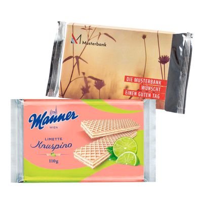 Personalisierte Manner Knuspino Limette Waffeln 110g mit Branding auf Kartonschuber